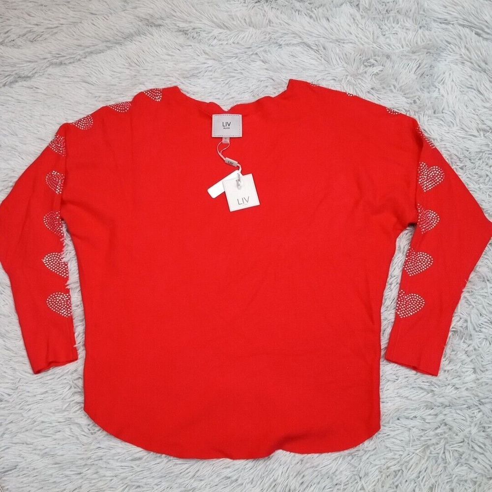 Liv Milano Shirt Womens S Red Heart Studded Lightweight Textured New